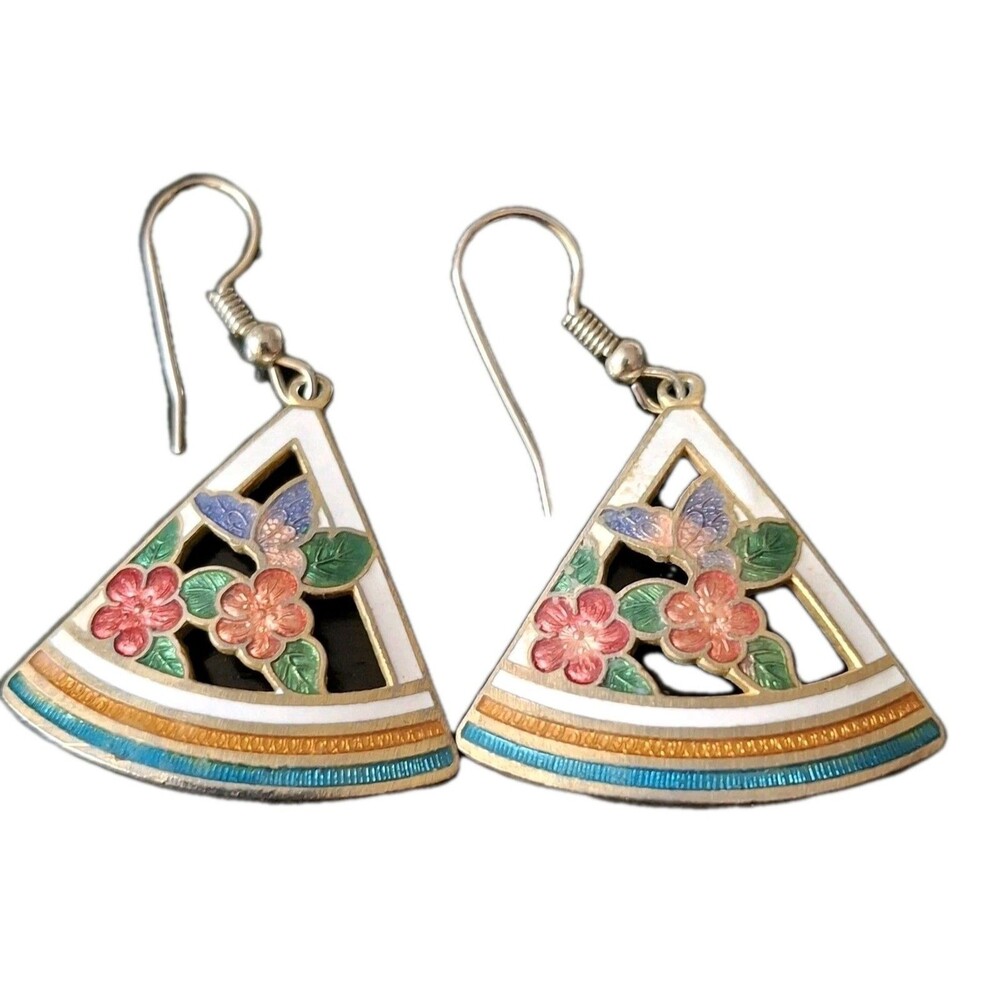Vintage Cloisonne Enamel Butterfly Flowers Triangle Earrings  Dangle Drop